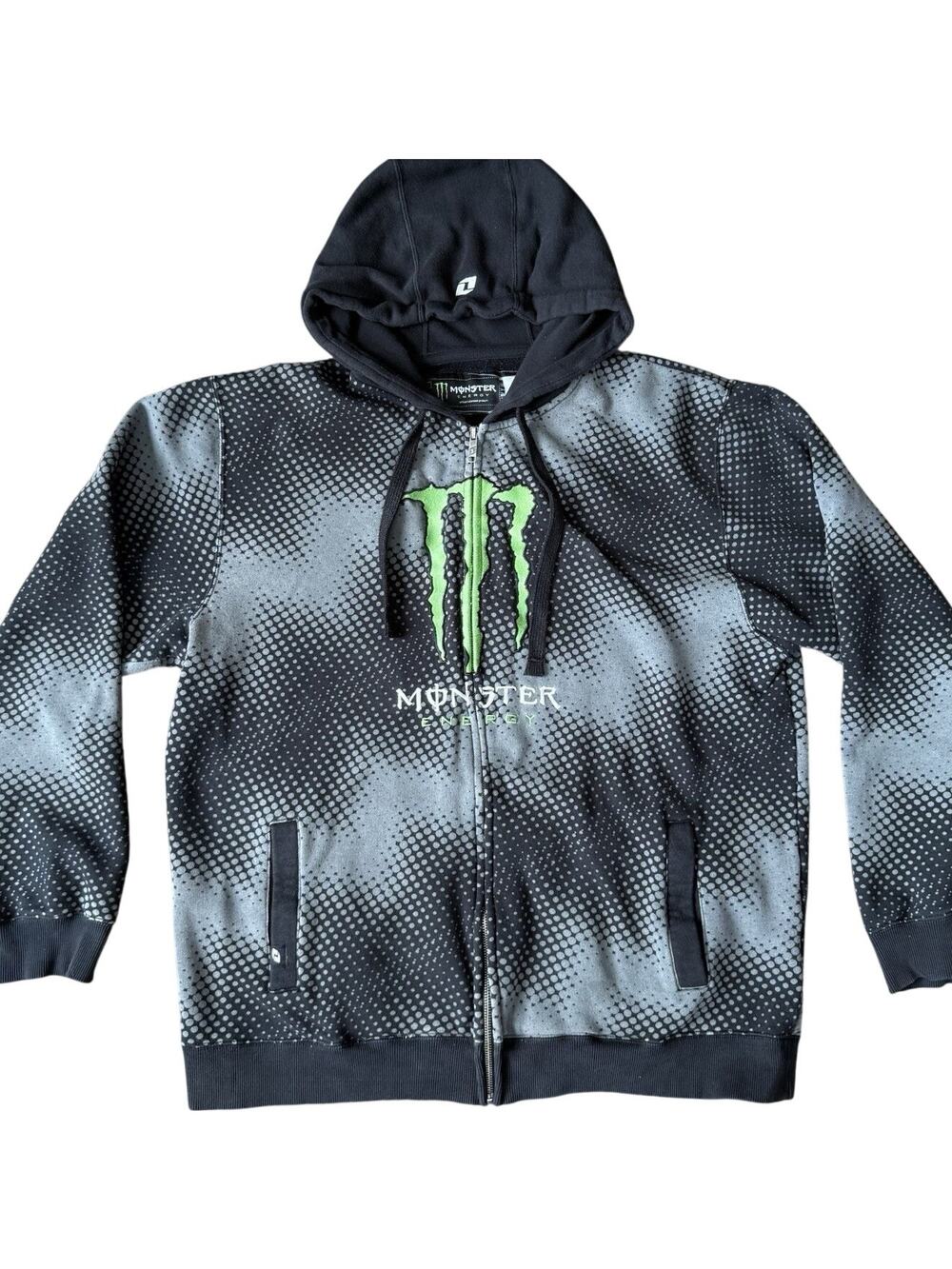 Vintage Y2K Monster Energy Zip Up Hoodie Large Halftone Dot Print AOP Skater